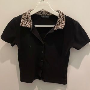 Brandy Melville - Cheetah Collar Black Button-up Top (“Caroline Top”) OSFA